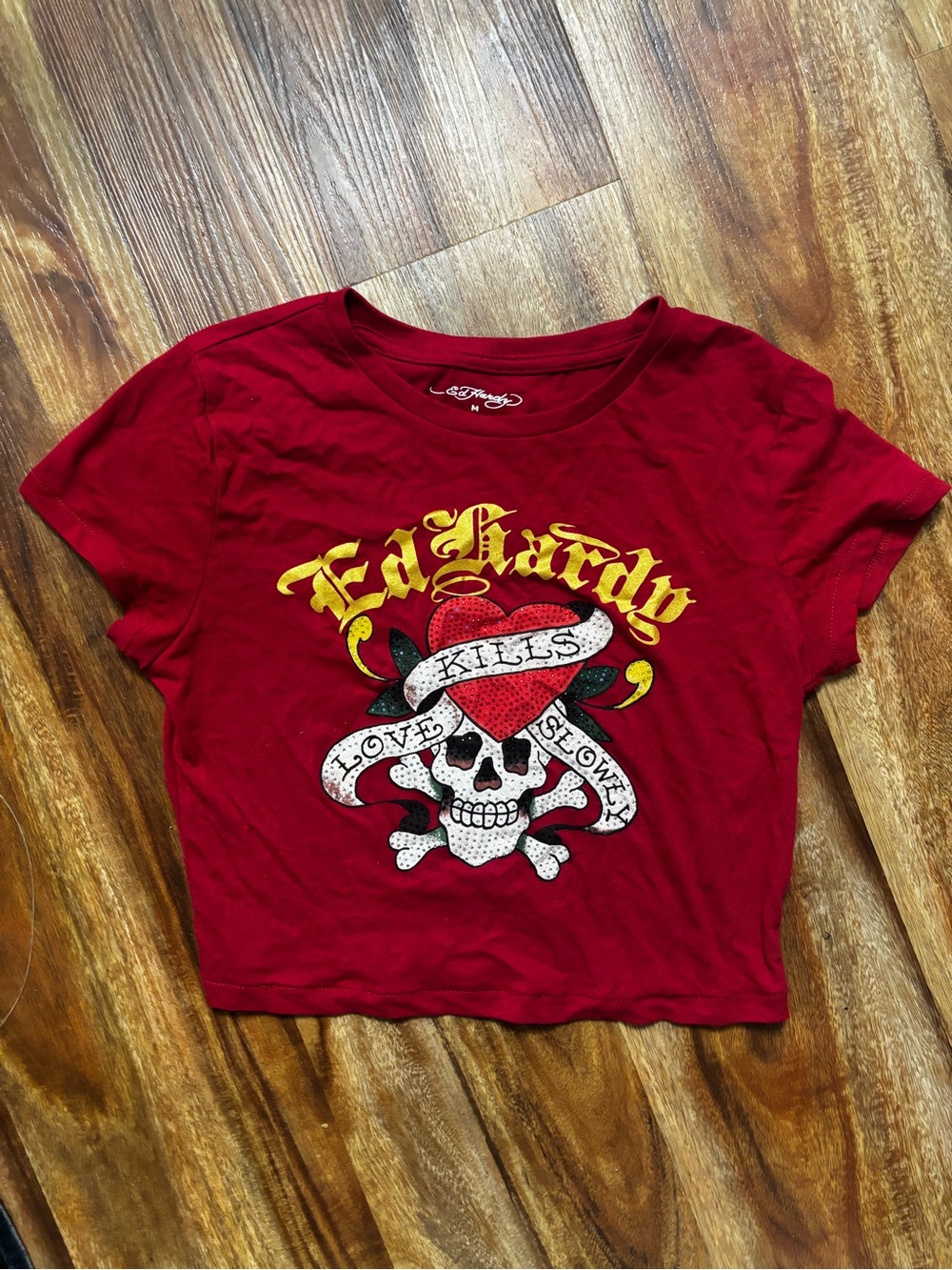 Ed Hardy Red Short Sleeve Tee with Skull & Heart Graphic